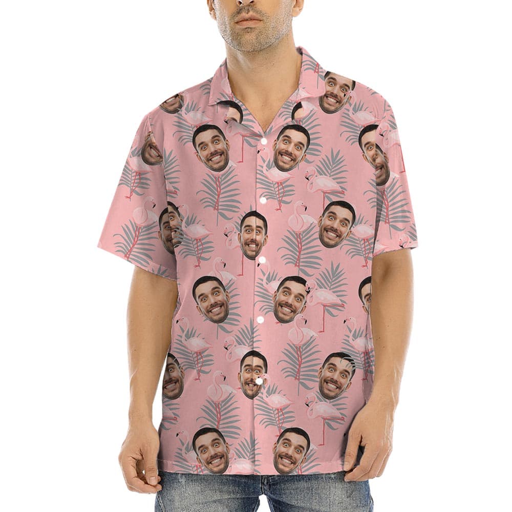 Pink Flamingo Hawaiian Button Up Shirt With Your Face with short sleeves, spread collar, Aloha pattern with funny face personalized