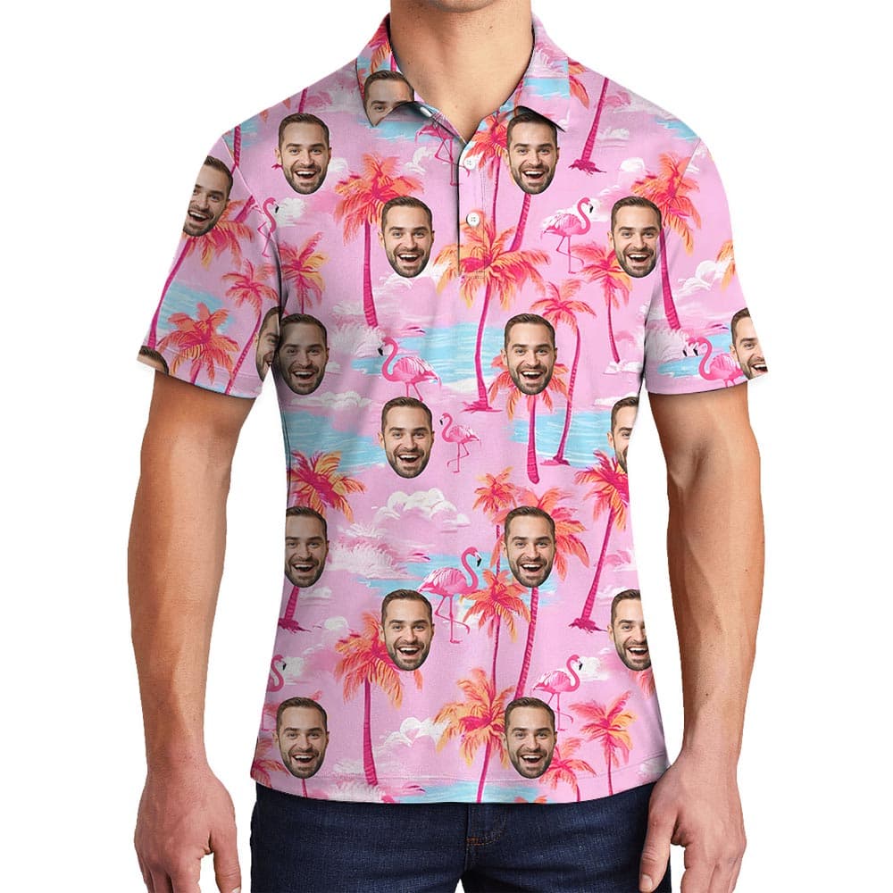 Pink Personalized Men's Polo Golf Shirt With Photo has pink print with palm tree and custom multiple faces