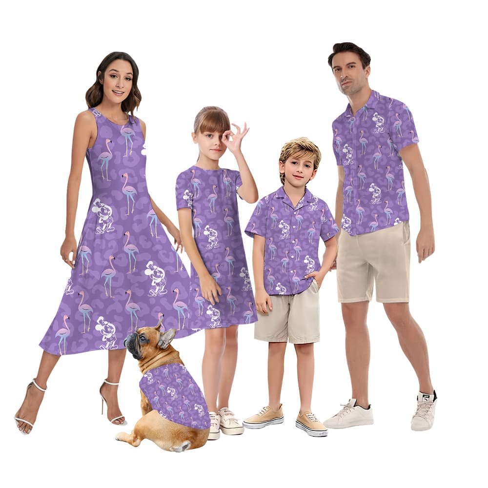 Purple Flamingo Steamboat Willie Mickey Family Hawaiian Matching Outfits