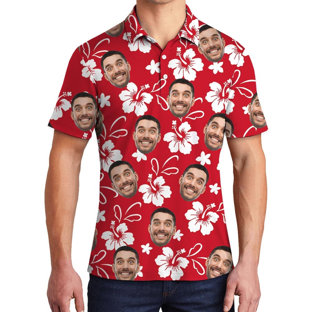 Red Floral Hawaiian Polo Golf Shirt For Men With Team Logo