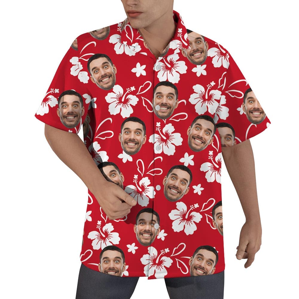Red Hibiscus Personalized Hawaiian Men Shirt With Faces