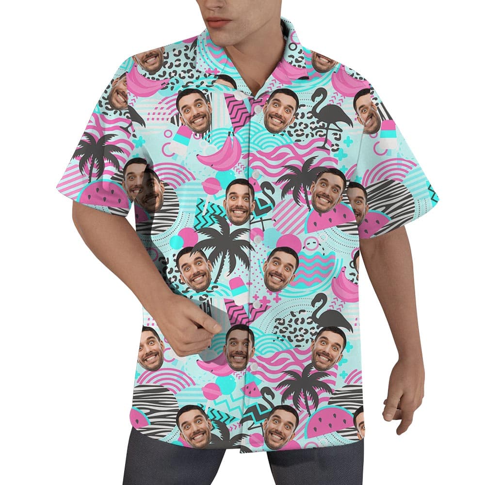 Retro 80s Personalized Hawaiian Men's Shirt with flamingo, palm tree, and retro style