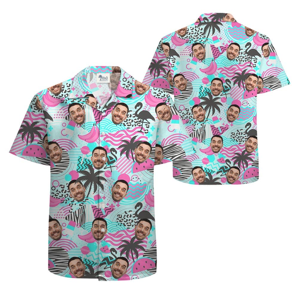Retro 80s Flamingo Palm Tree Personalized Hawaiian Men's Shirt