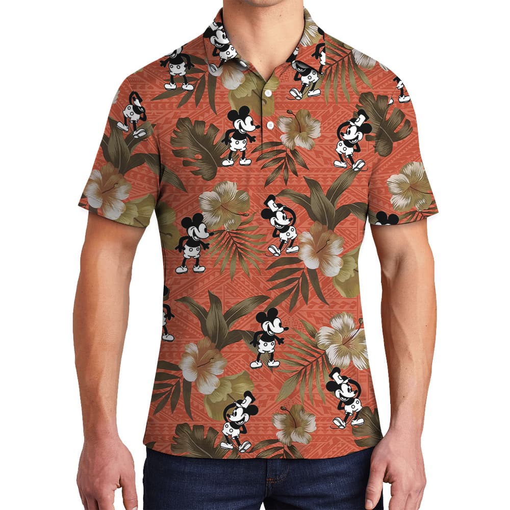 Steamboat Willie Mickey Hibiscus Orange Vintage Hawaiian Polo Shirt