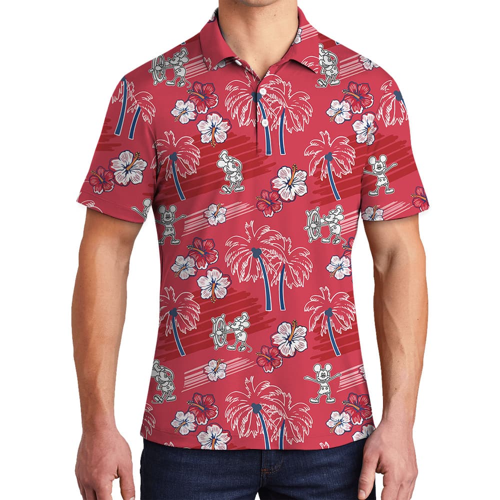 Steamboat Willie Mickey Hibiscus Palm Trees Red Hawaiian Polo Shirt