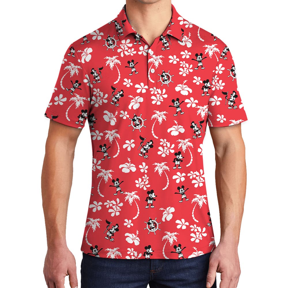 Steamboat Willie Mickey Hibiscus Palm Trees Red Men's Hawaiian Polo Shirt