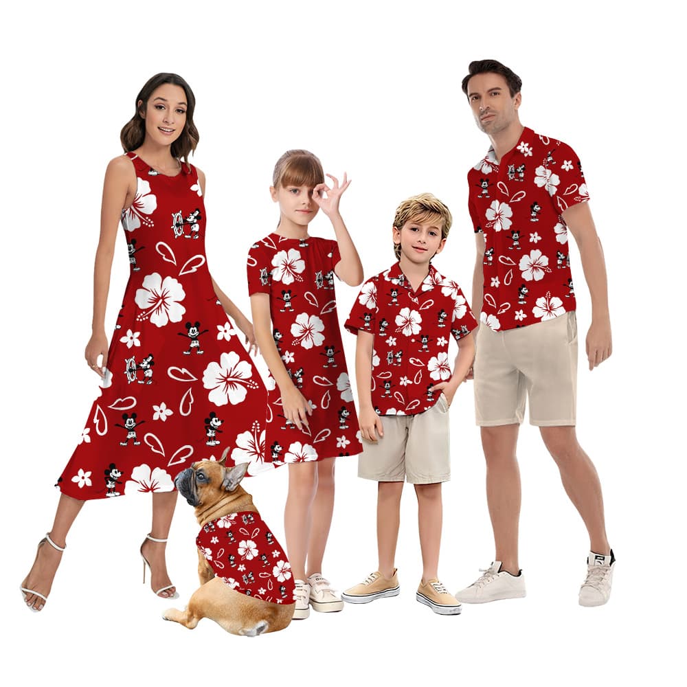 Steamboat Willie Mickey Red Hibiscus Hawaiian Clothes For Family
