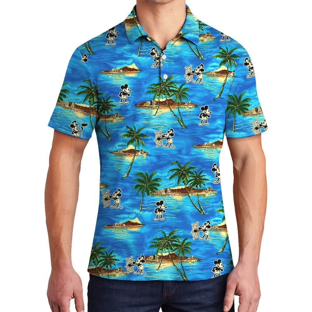 Steamboat Willie Mickey Tropical Islands Blue Hawaiian Polo Shirt