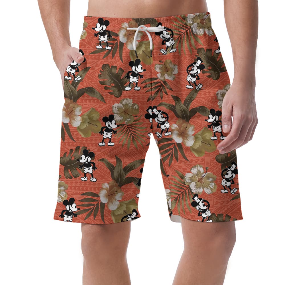 Steamboat Willie Mickey Tropical Orange Hawaiian Beach Shorts For Men