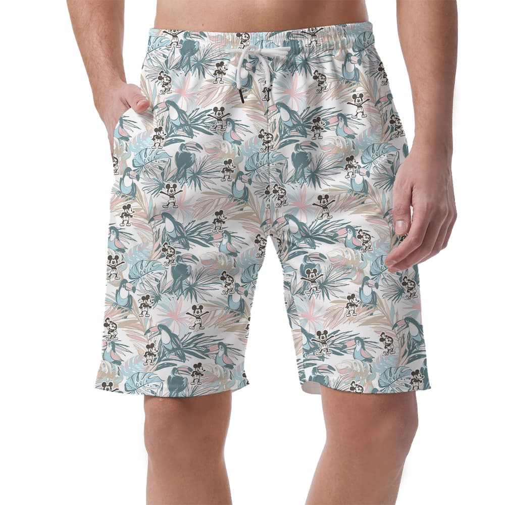 Steamboat Willie Mickey Vintage Tropical Parrot Hawaiian Beach Shorts For Men