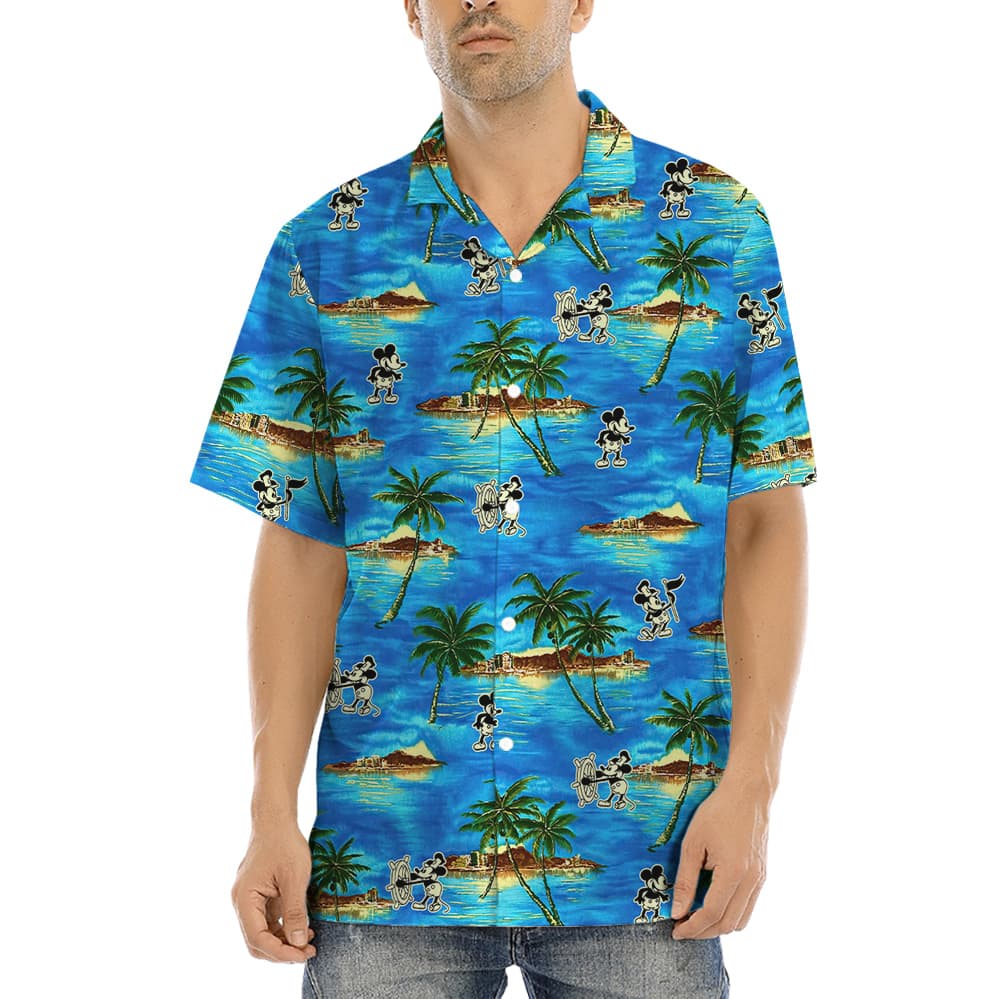 Tropical Islands Steamboat Willie Mickey Blue Hawaiian Shirt (3)