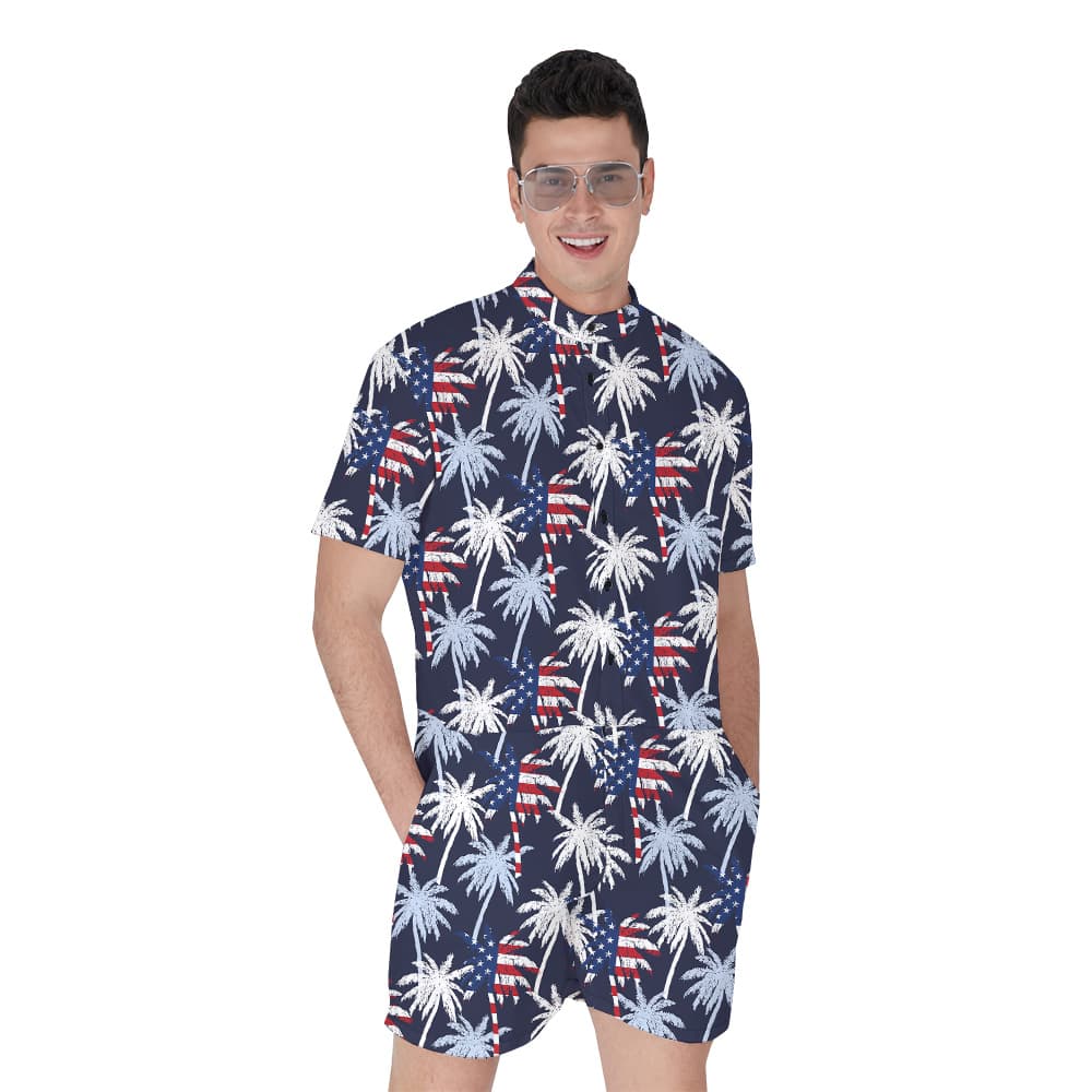 Tropical Palm Trees Patriotic Navy Romper For Men