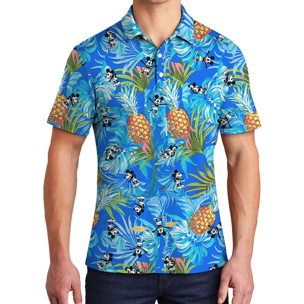 Tropical Pineapple Steamboat Willie Mickey Blue Hawaiian Polo Shirt