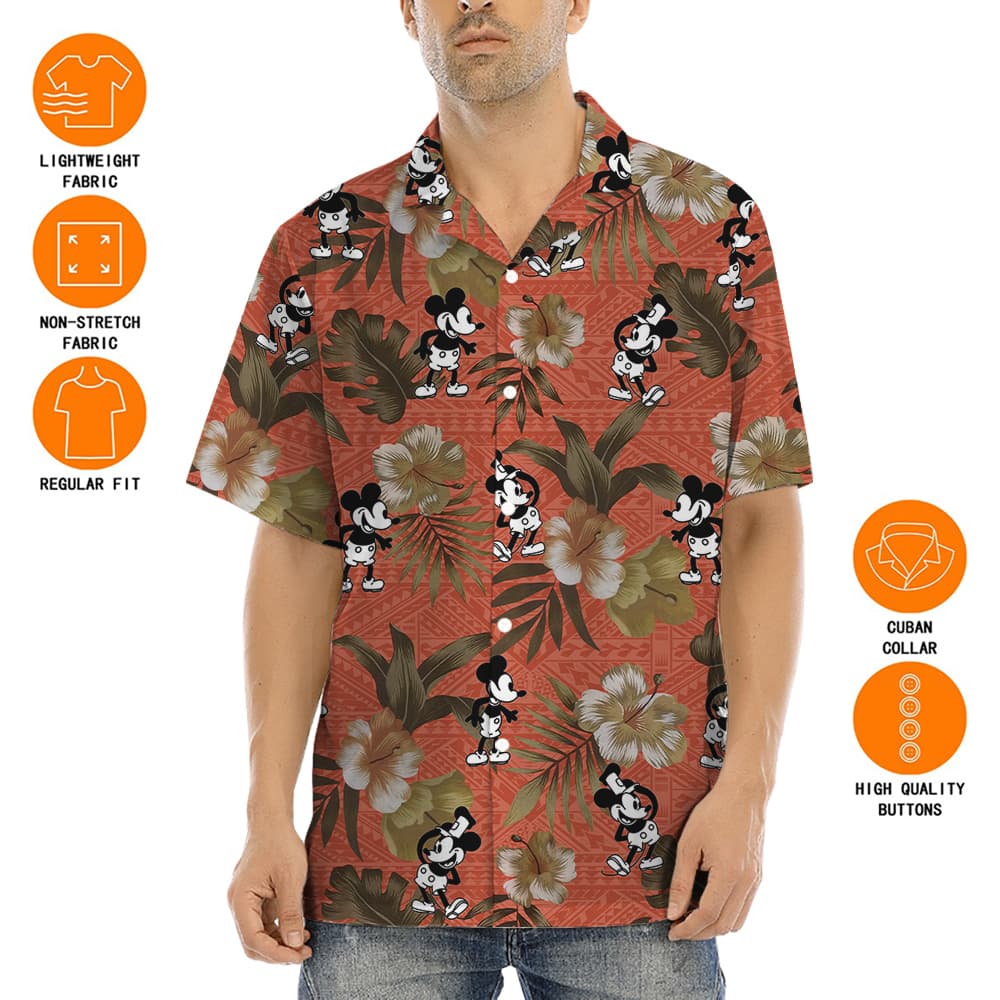 Vintage Hibiscus Steamboat Willie Mickey Orange Hawaiian Shirt