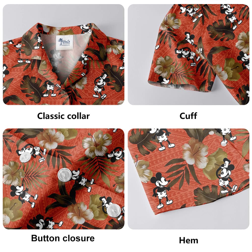 Vintage Hibiscus Steamboat Willie Mickey Orange Hawaiian Shirt