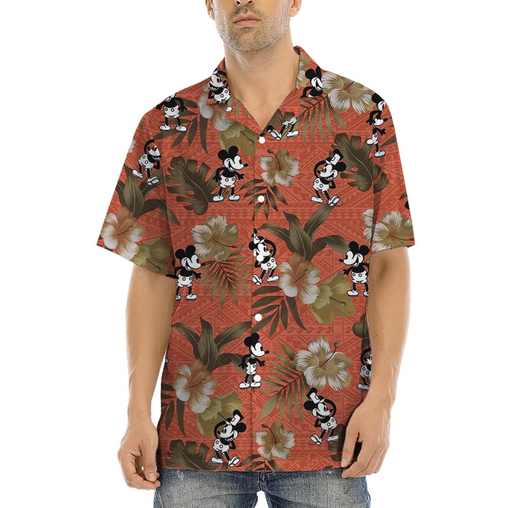 Vintage Hibiscus Steamboat Willie Mickey Orange Hawaiian Shirt (6)