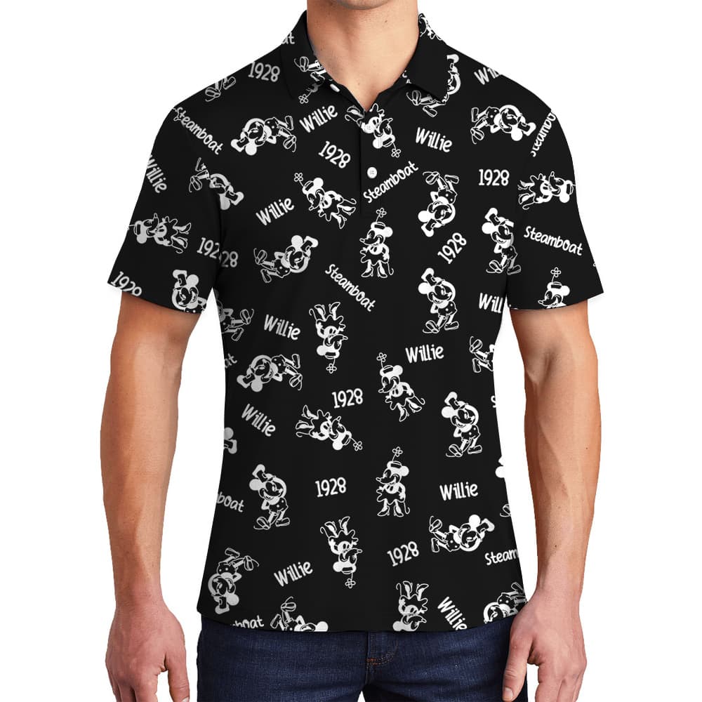 Vintage Mickey Steamboat Willie Men's Black Hawaiian Polo Shirt