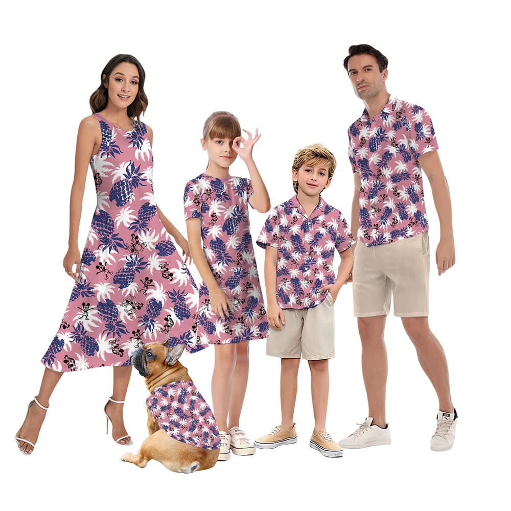 Vintage Mickey Steamboat Willie Pineapple Pink Hawaiian Matching Clothing