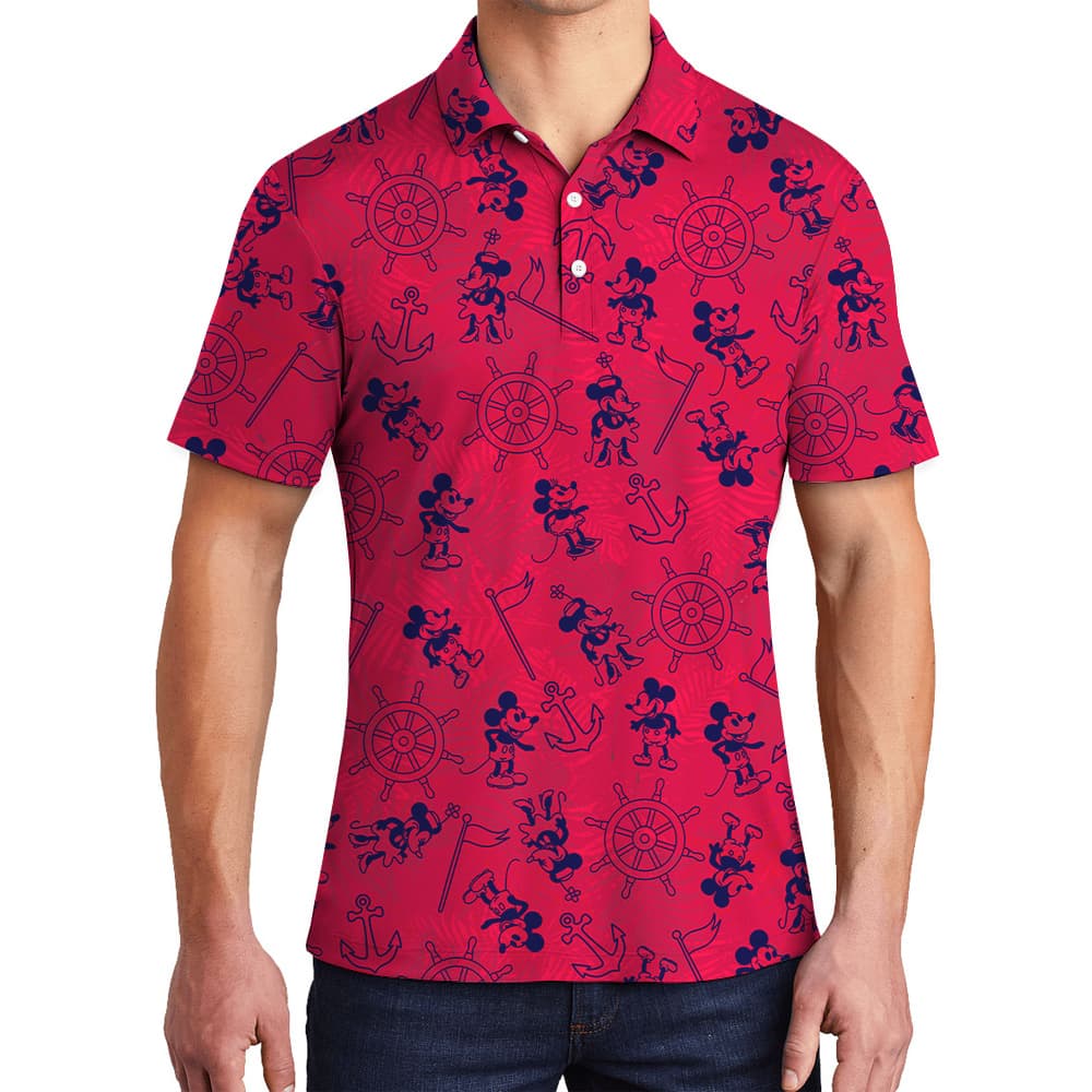 Vintage Mickey Steamboat Willie Red Hawaiian Polo Golf Shirt For Men