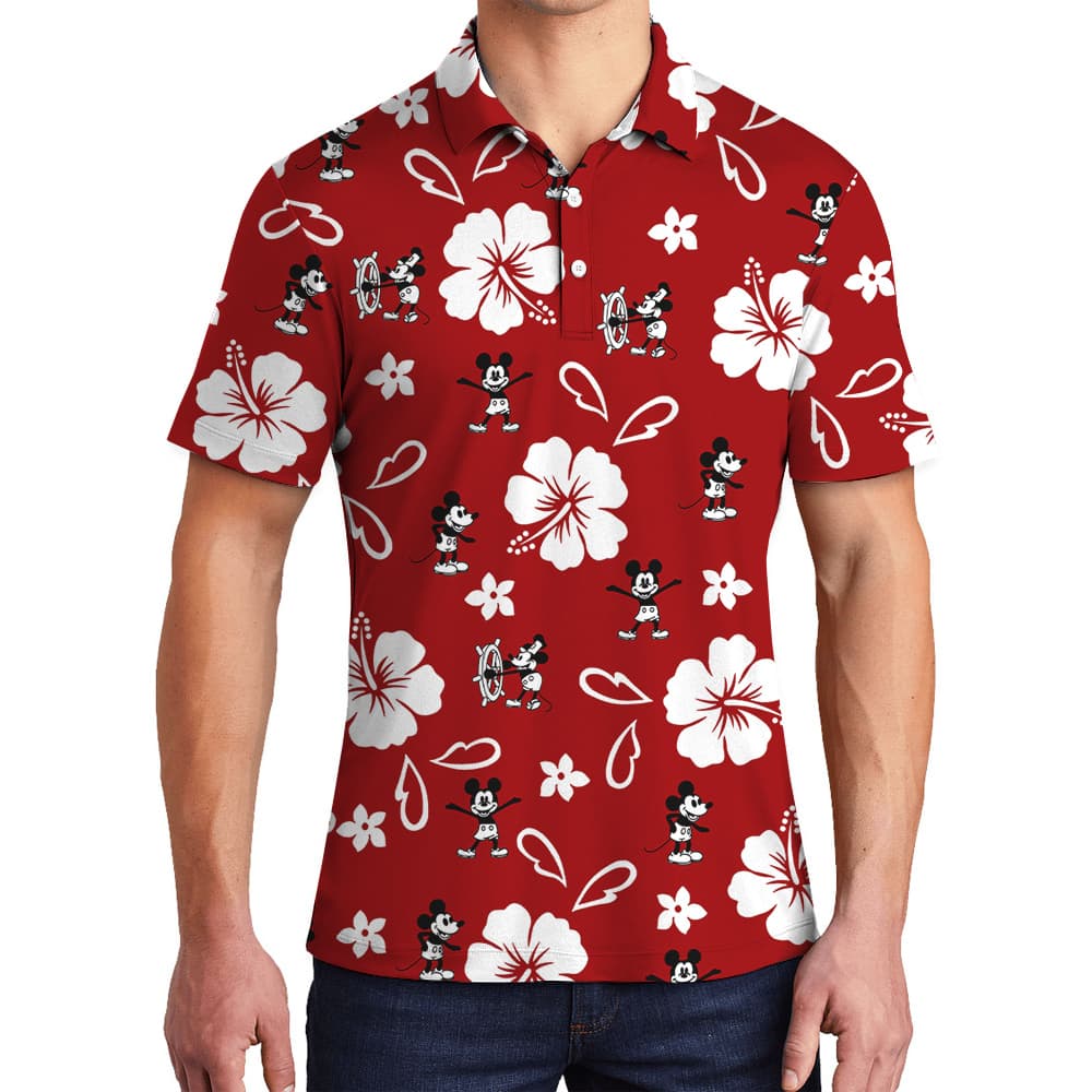 Vintage Mickey Steamboat Willie Red Hibiscus Men's Polo Shirt