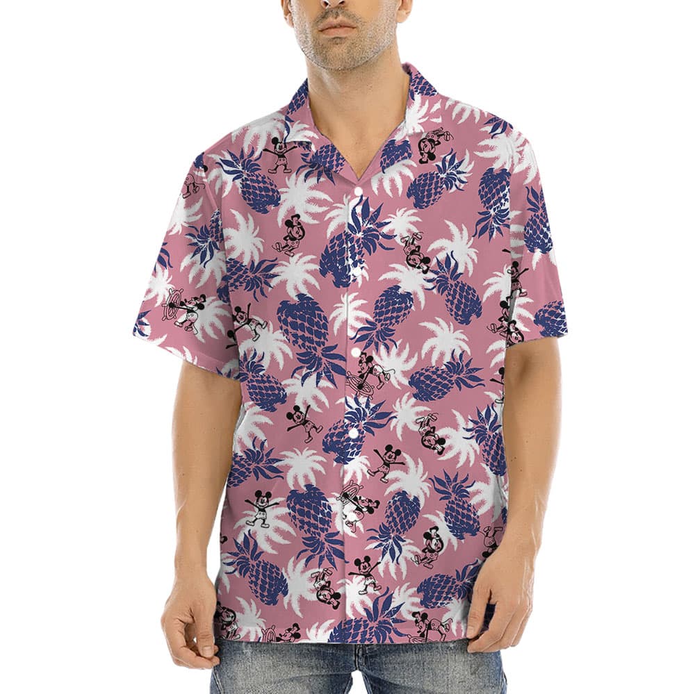 Vintage Pineapple Steamboat Willie Mickey Pink Hula Shirt (7)