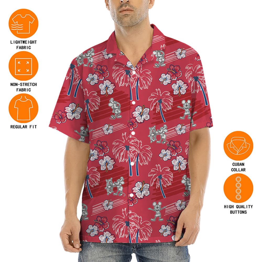 Vintage Steamboat Willie Mickey Hibiscus Palm Tree Red Hawaiian Shirt