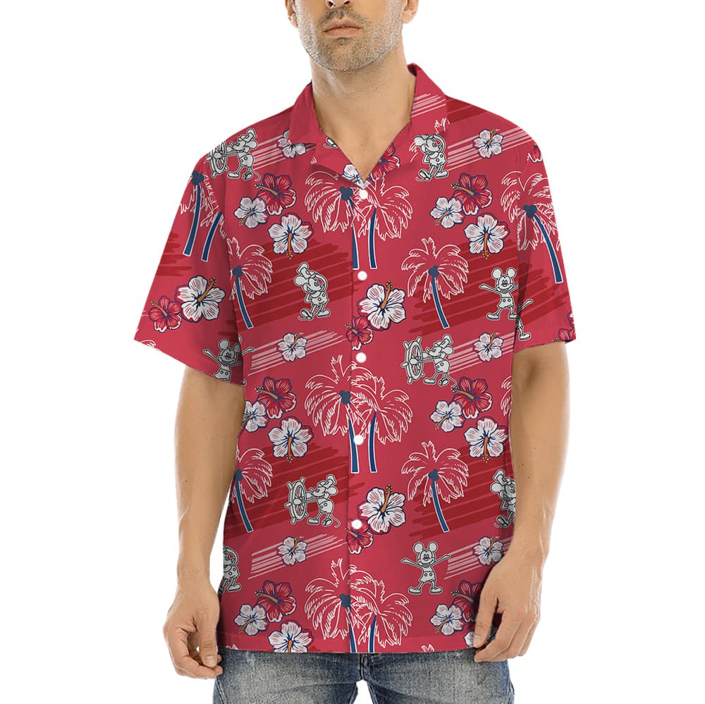 Vintage Steamboat Willie Mickey Hibiscus Palm Tree Red Hawaiian Shirt (2)