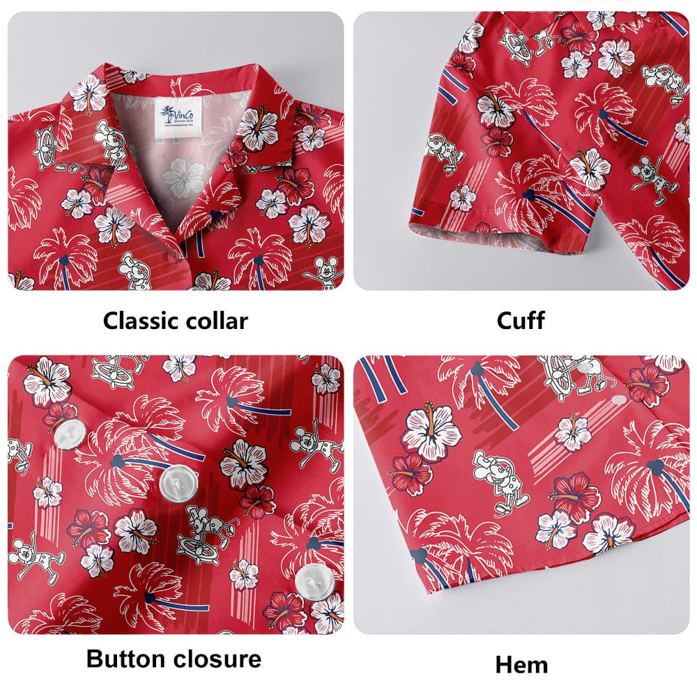 Vintage Steamboat Willie Mickey Hibiscus Palm Tree Red Hawaiian Shirt
