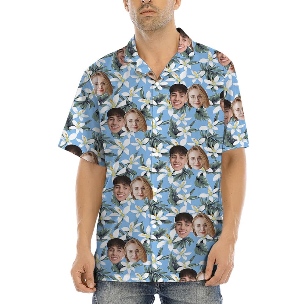 White And Blue Hawaiian Shirt With Custom Face1