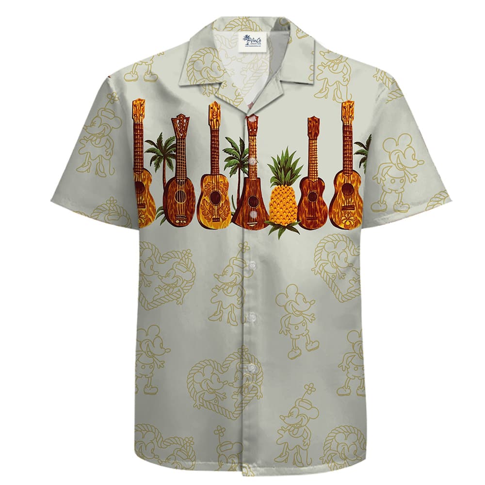 A white tropical shirt with Mickey and guitar pattern