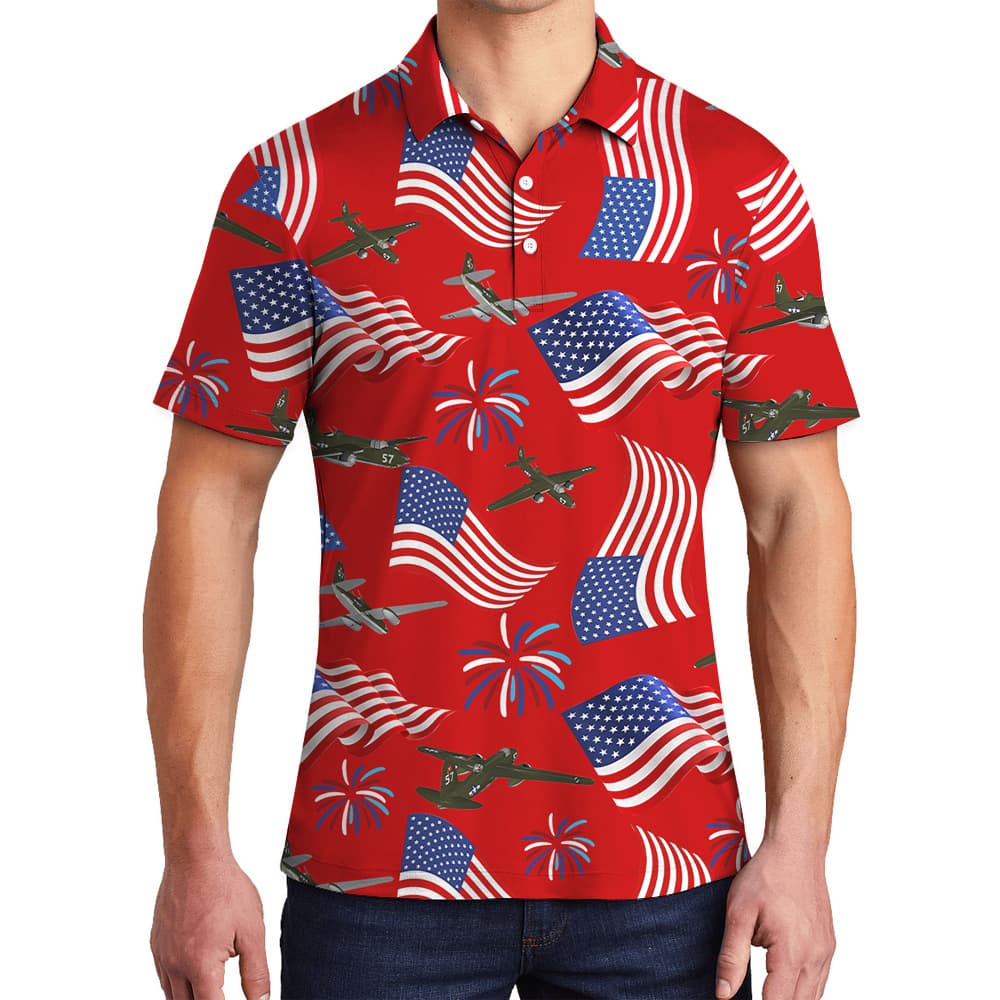 4th Of July American Aircraft Firework Red Polo Shirt For Men