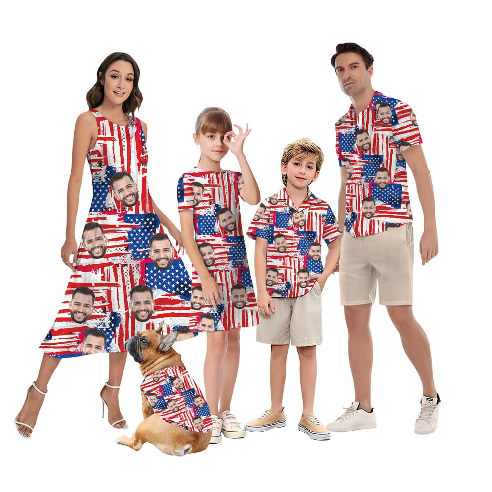 4th Of July American Flag Matching Family Hawaiian Outfits With Custom Face
