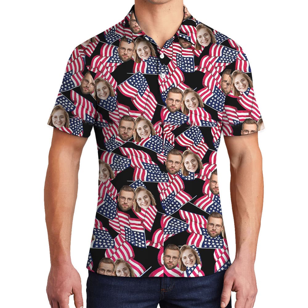 4th Of July Black Men's Polo Shirt With Custom Face1