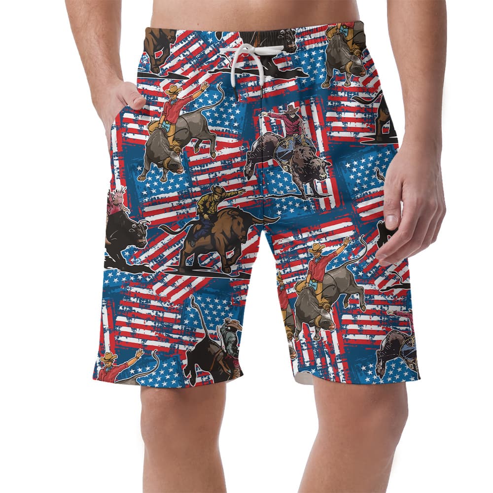 4th Of July Cowboy Bull Riding American Flag Summer Shorts For Men