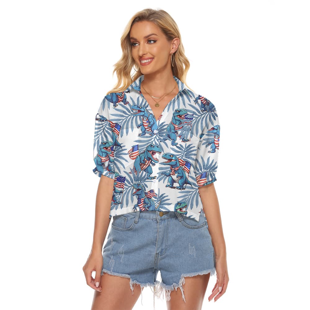 4th Of July Dinosaur Blue Tropical Women's Cropped Shirt
