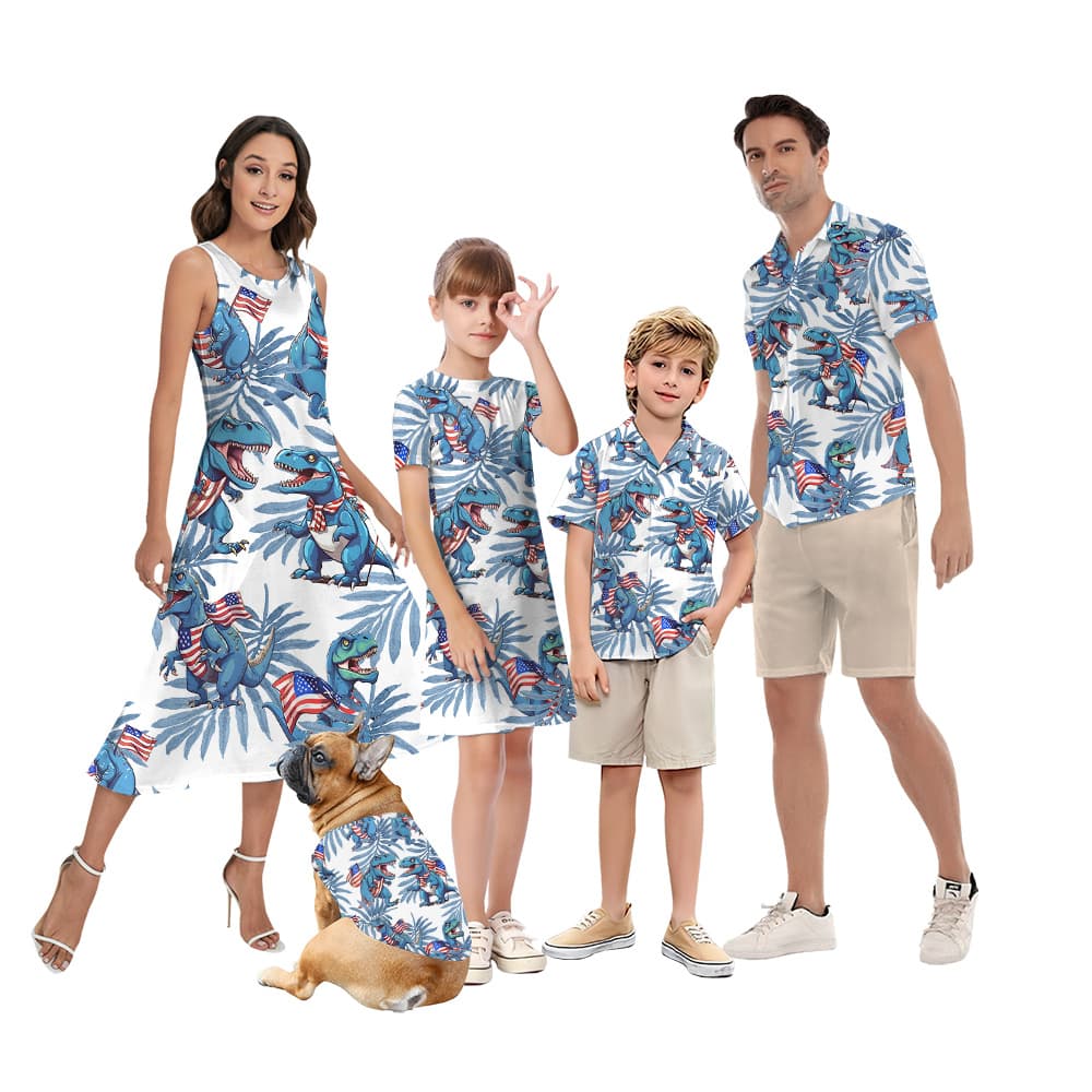 4th Of July Dinosaur Matching Family Hawaiian Outfits