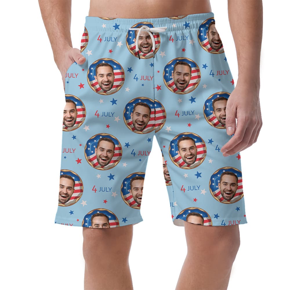 4th Of July Donut Men's Hawaiian Beach Shorts With Custom 1-4 Faces