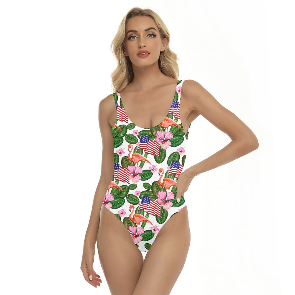 4th Of July Flamingo American Flag Hawaiian One Piece Swimsuit