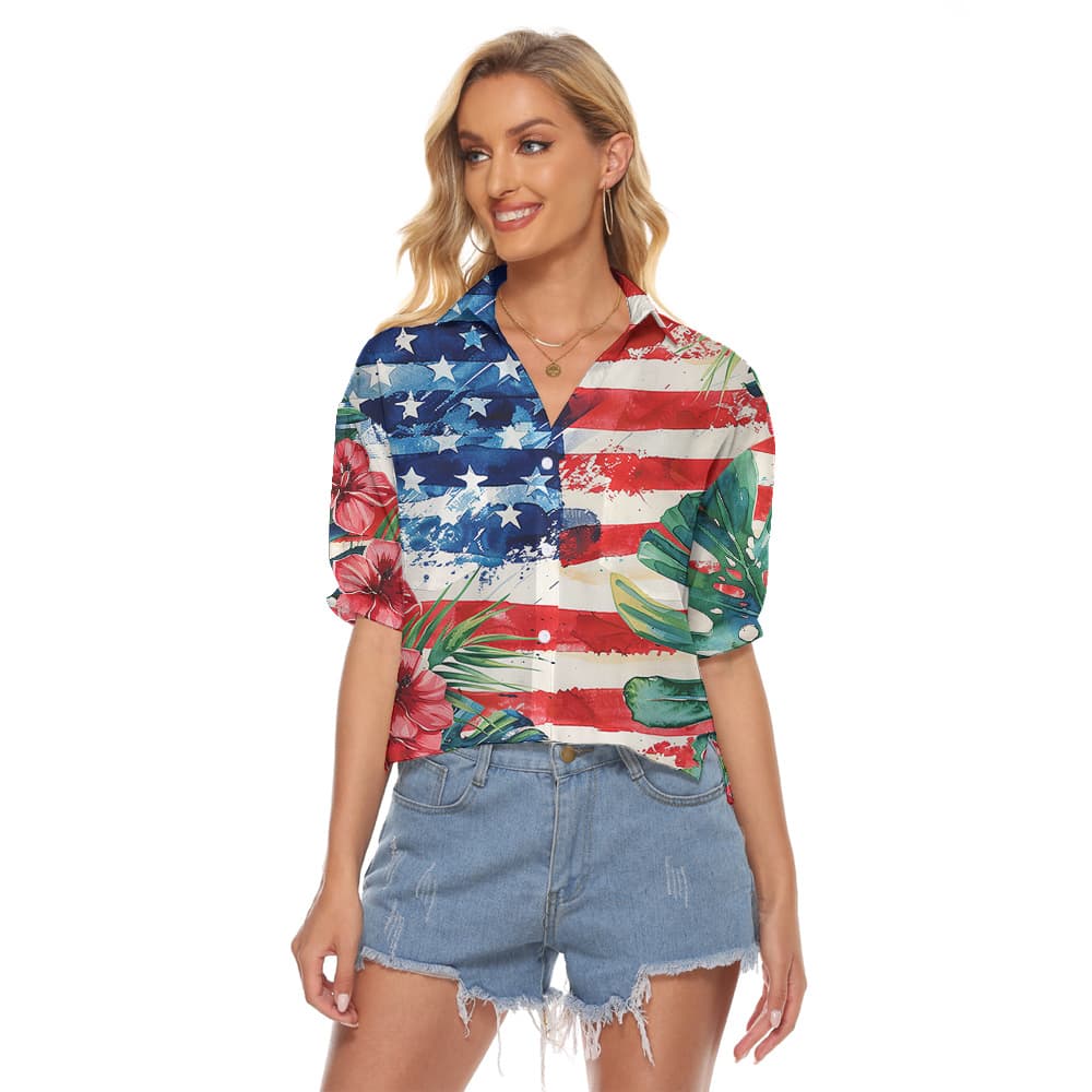 A Cropped Shirt for Women with America Flag and Tropical Floral Leaves