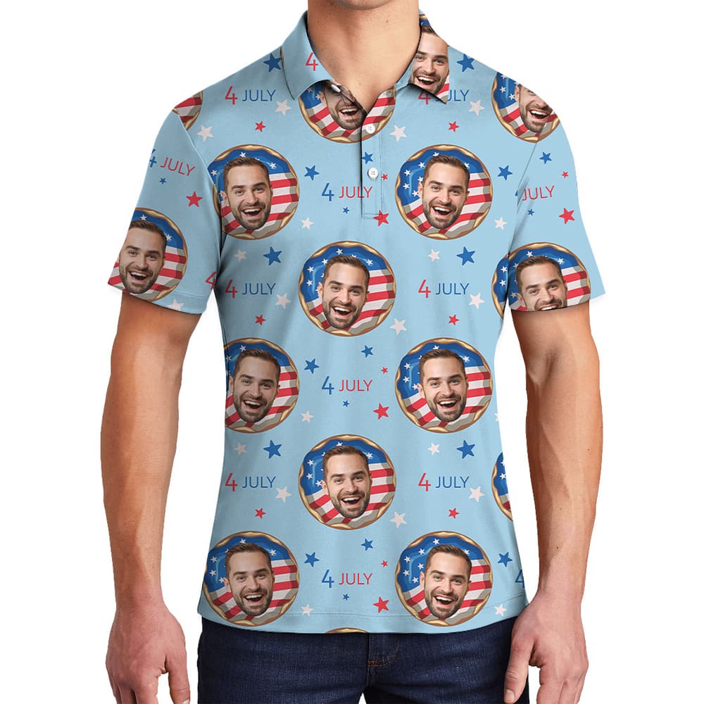 American Donut 4th Of July Hawaiian Polo Shirt With Custom Face