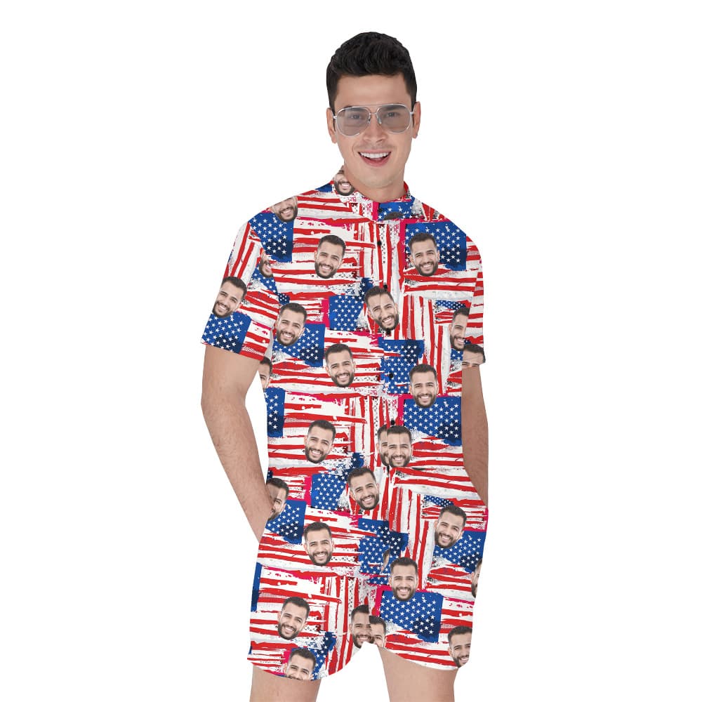American Flag 4th Of July Custom Face Men's Hawaiian Romper