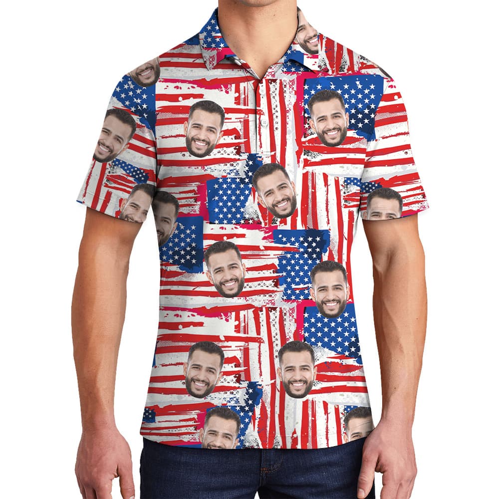 American Flag 4th Of July Men's Hawaiian Polo Shirt With Custom Face