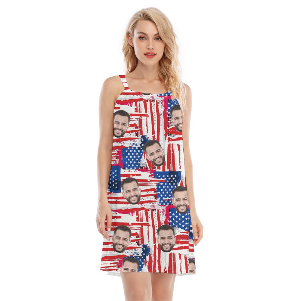 American Flag 4th Of July Women's Cami Dress With Custom Face