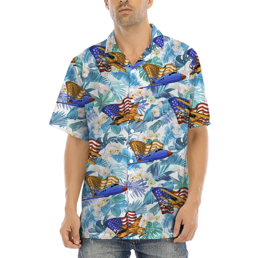 American Flag Air Planes Tropical Hula Shirt (2)
