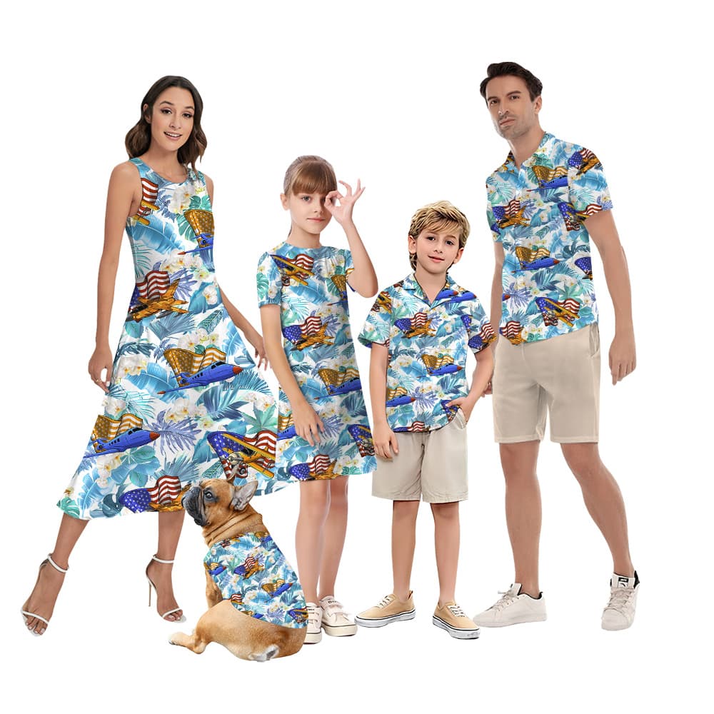 American Flag Aircraft Tropical 4th Of July Matching Hawaiian Outfits For Family