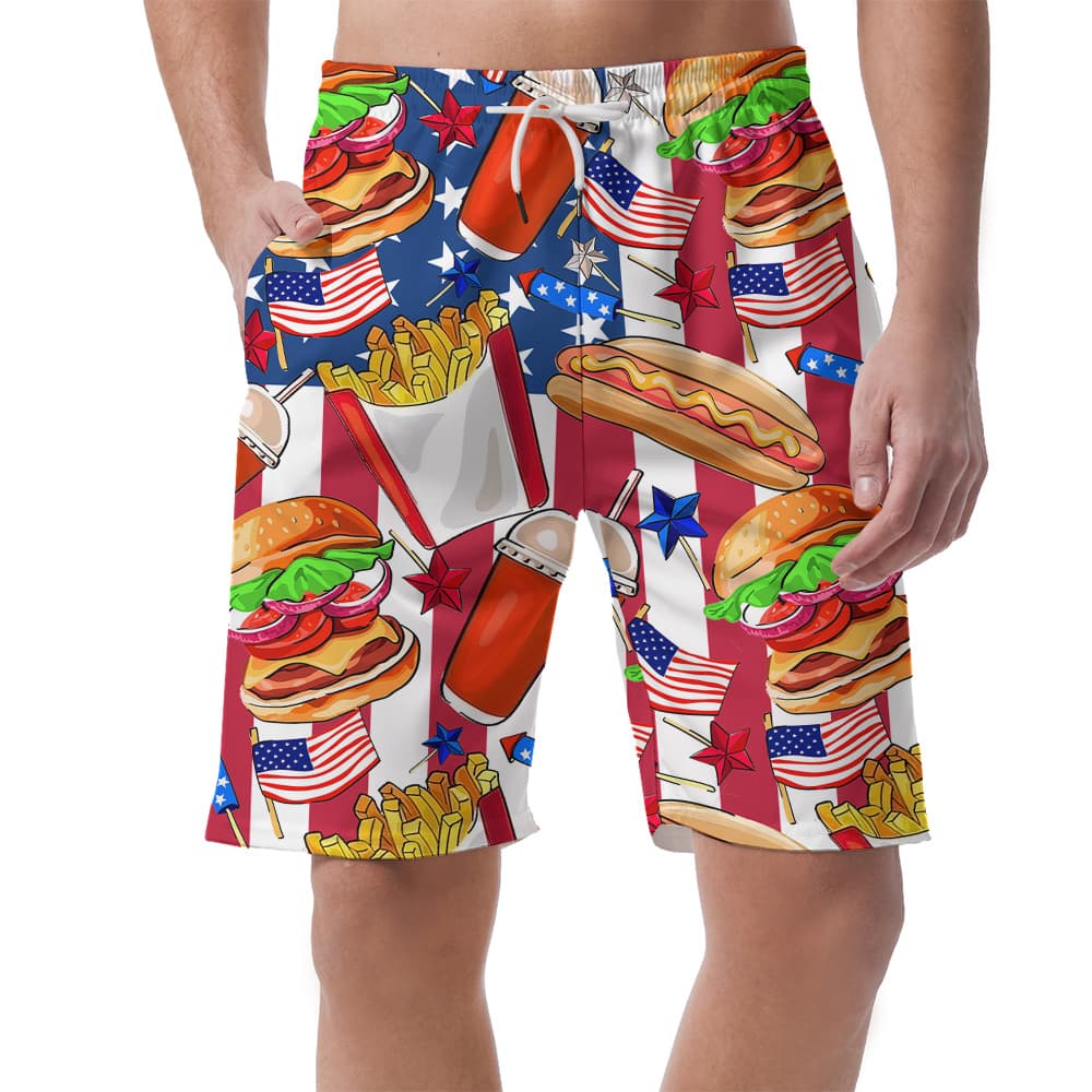 American Flag Fast Food Men's Hawaiian Beach Shorts