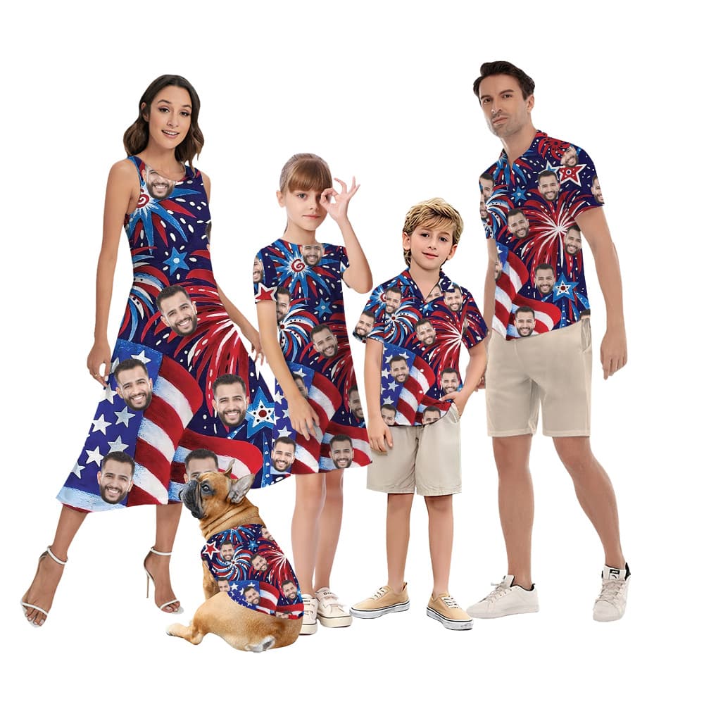 American Flag Firework 4th Of July Custom Face Matching Family Hawaiian Outfits