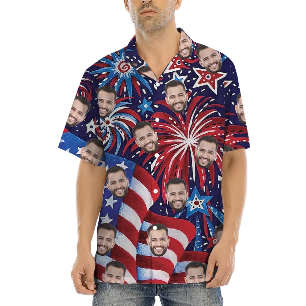 American Flag Firework Blue And Red Hawaiian Shirt With Custom 1-5 Faces (2)