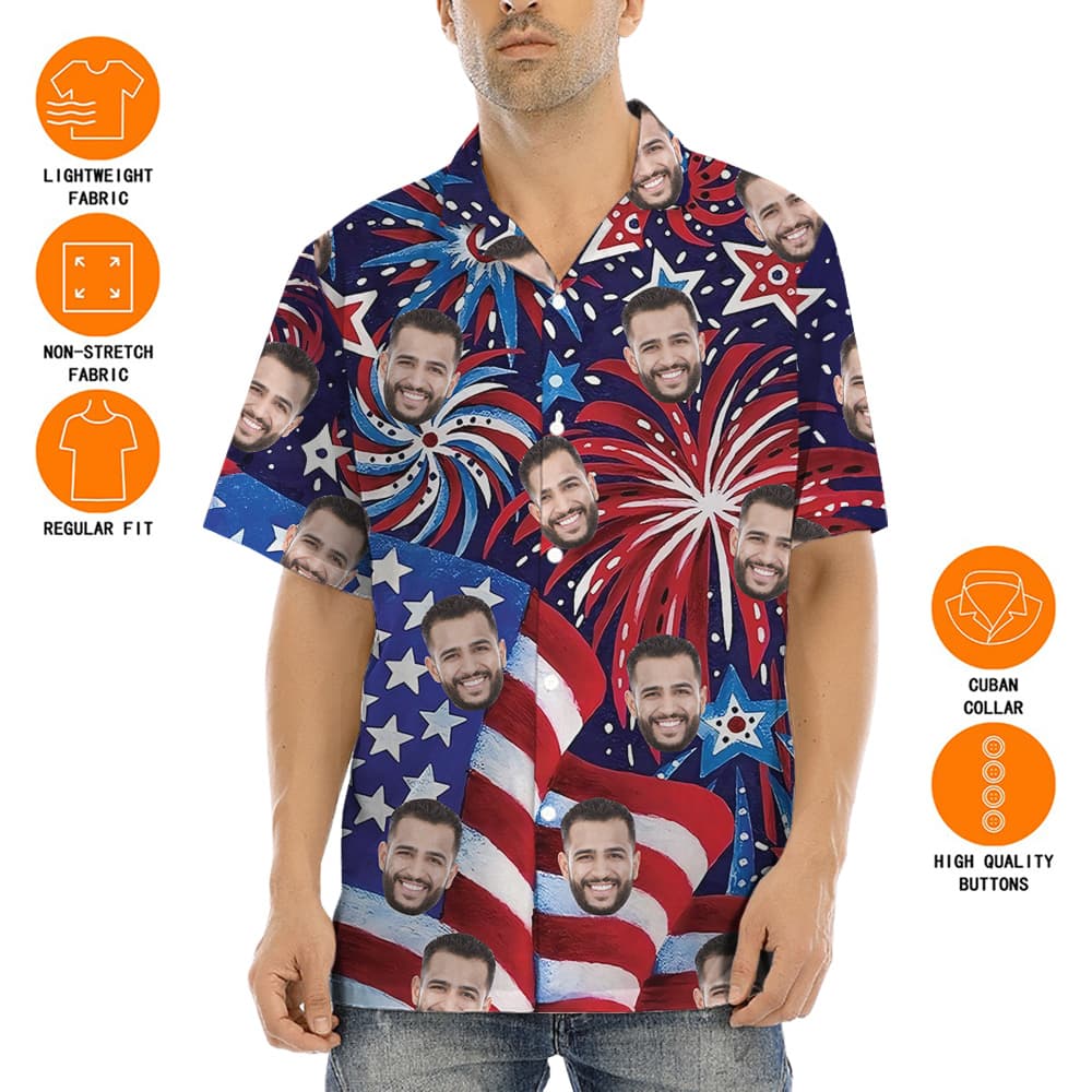 American Flag Firework Blue And Red Hawaiian Shirt With Custom 1-5 Faces