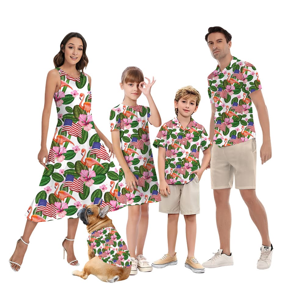 American Flag Flamingo Tropical Patriotic Matching Family Hawaiian Shirt And Dress